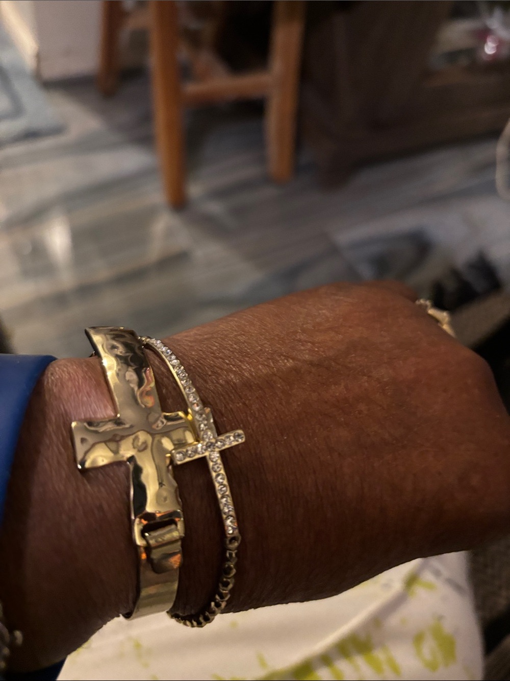 Gold Cross Cuff Bracelet Set - Sparkling Crystal Cross Accent- Bundle of two